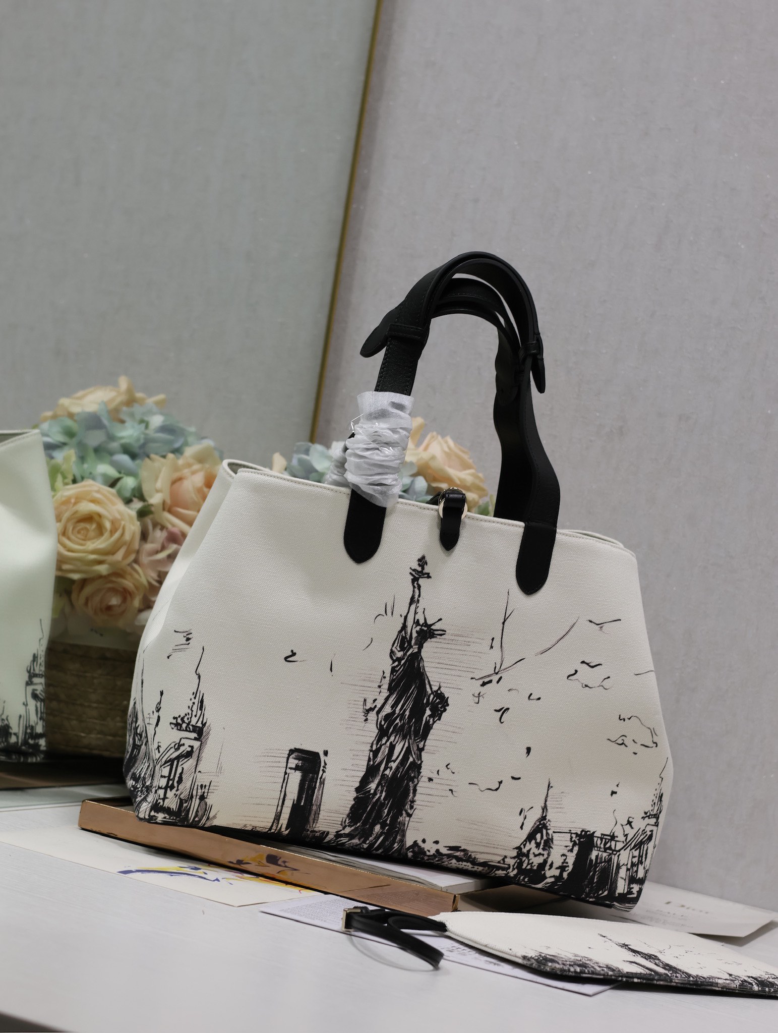 Large Dior Toujours Bag Latte and Black Canvas with New York Print